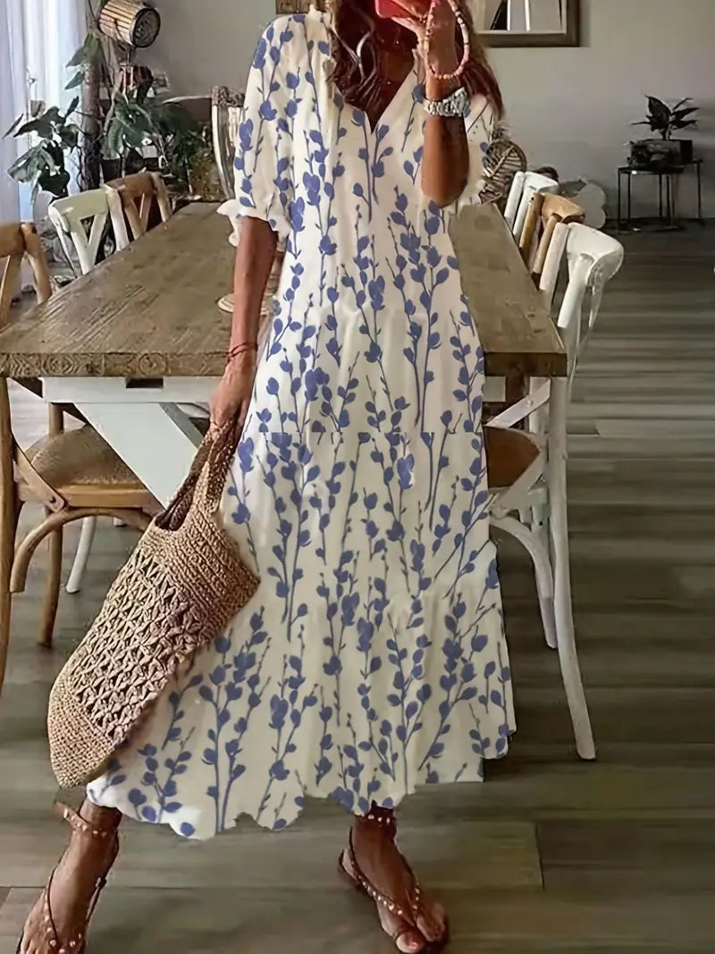 Arielle Women's Bohemian Ruffle Dress – V-Neck Ikat Summer Midi Dress