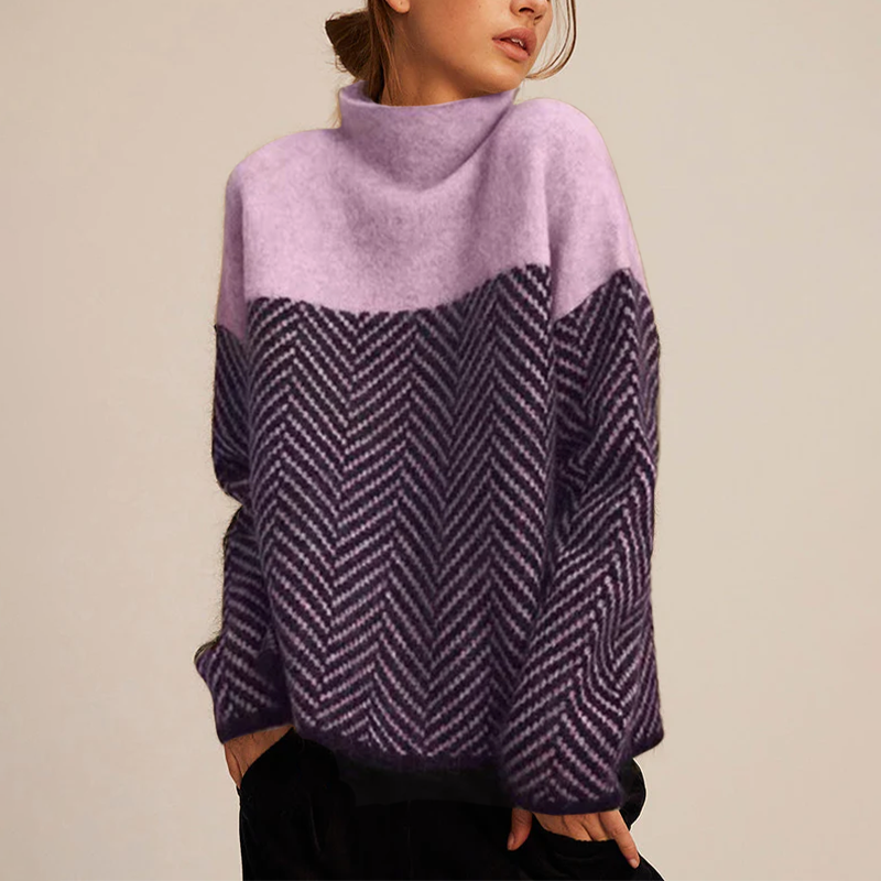 Elora Women's Cashmere Blend Turtleneck Sweater – Oversized Chevron Knit for Cozy Winter Style