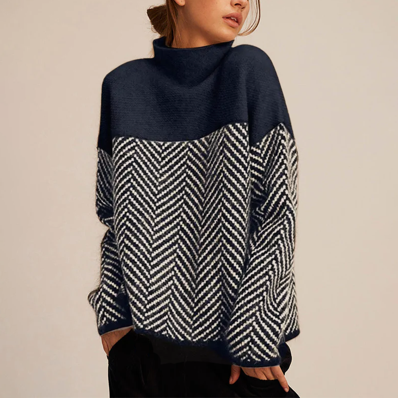 Elora Women's Cashmere Blend Turtleneck Sweater – Oversized Chevron Knit for Cozy Winter Style