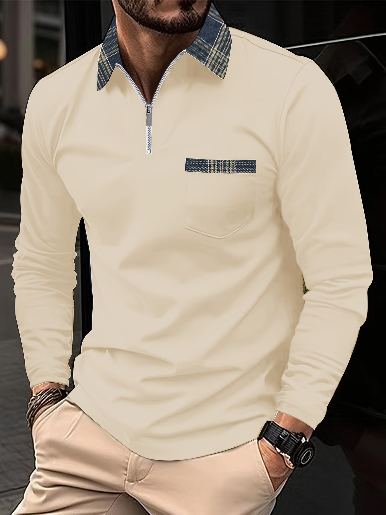Dorian Men's Long Sleeve Polo Shirt with Zip Collar & Classic Check Pattern