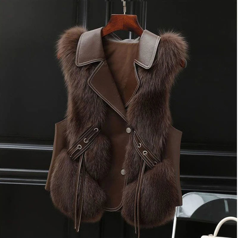 Marlowe Women's Faux Fur Vest with Oversized Lapel Collar & Adjustable Waist