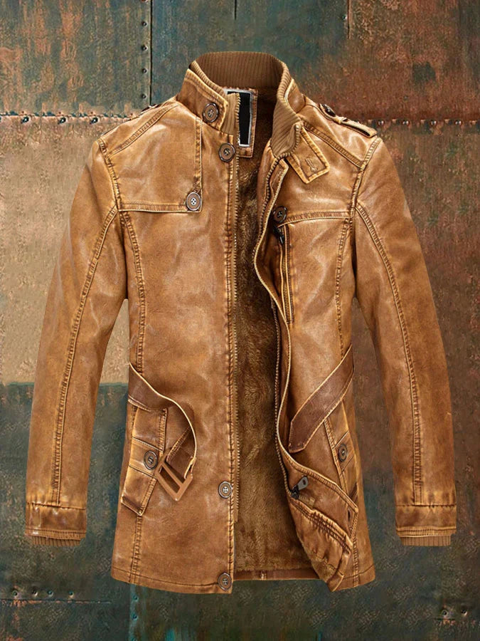 Shon Men’s Vintage Leather Jacket – Retro Zip-Up Coat with Warm Soft Lining