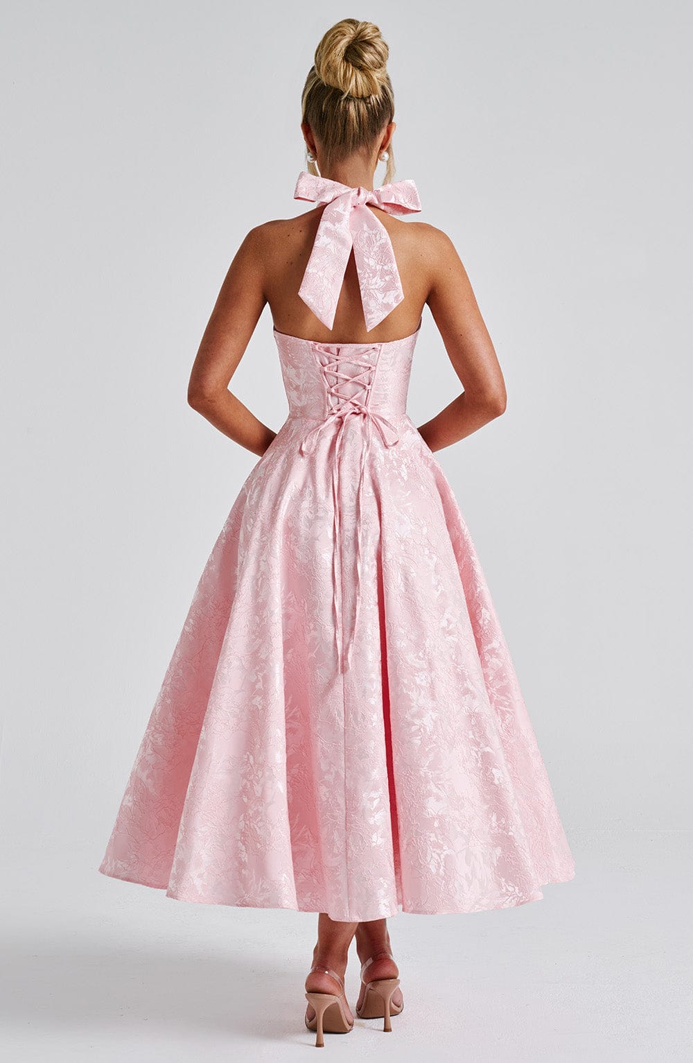 Carmina Women's Floral Jacquard Midi Dress – Backless Corset Dress with Flared Skirt