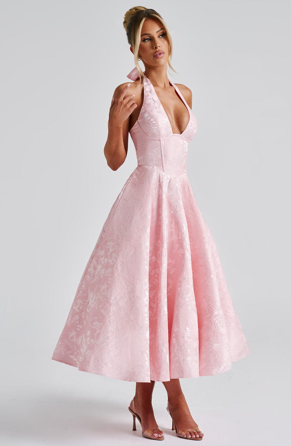 Carmina Women's Floral Jacquard Midi Dress – Backless Corset Dress with Flared Skirt