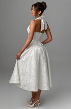 Iris Women’s Midi Dress – Elegant Backless Corset Dress with Floral Jacquard
