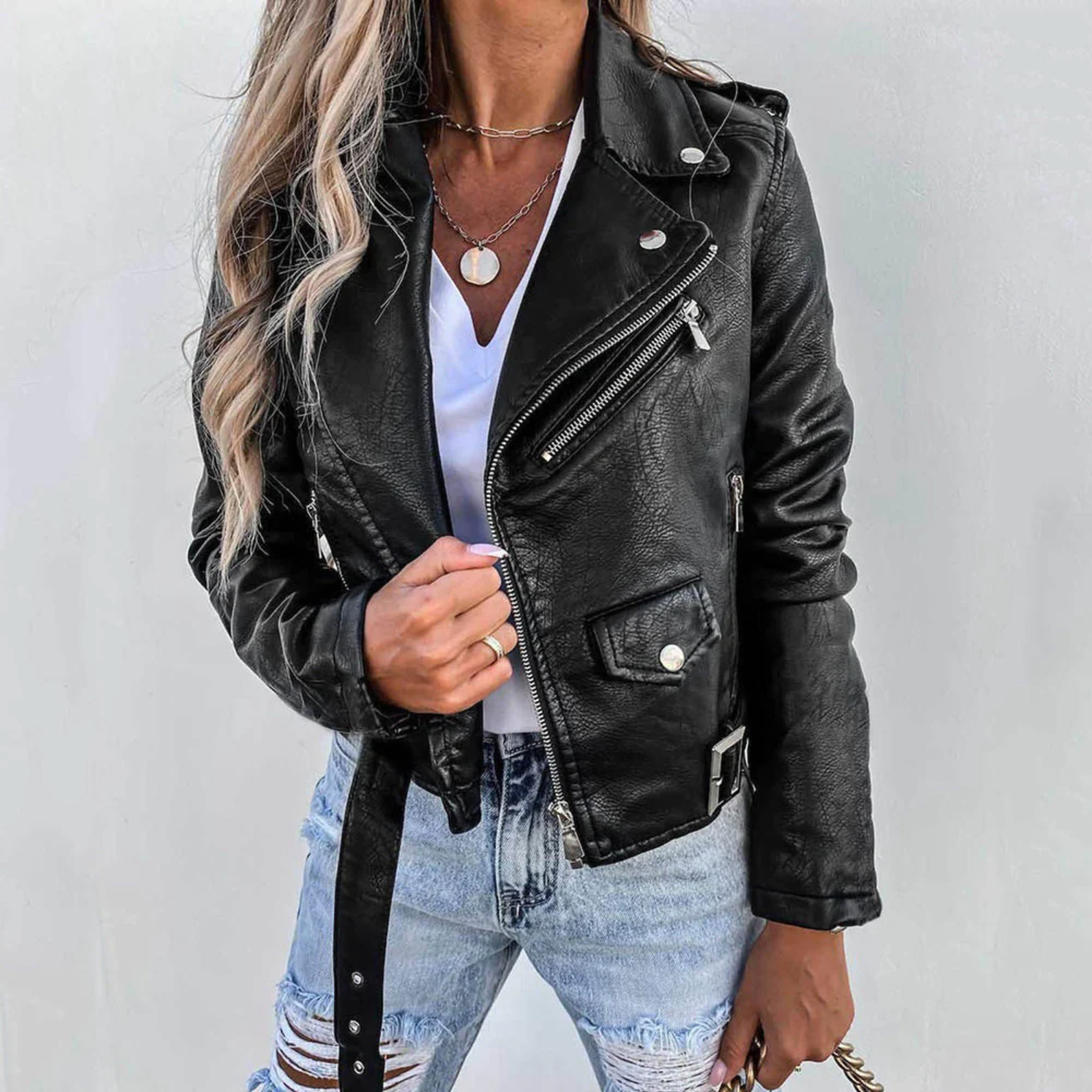 Bianca Women's Genuine Leather Jacket – Premium Belted Moto Jacket with Stand Collar