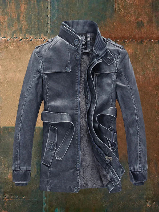 Lucien Men's Vintage Leather Jacket – Classic Buttoned Jacket with Warm Lining