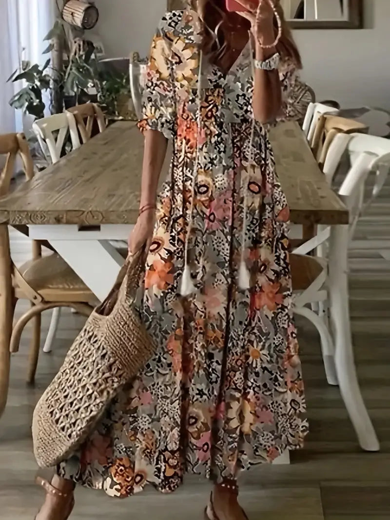Charlotte Women’s Boho Dress – Ikat Print Summer Dress with V-Neck & Ruffle Details