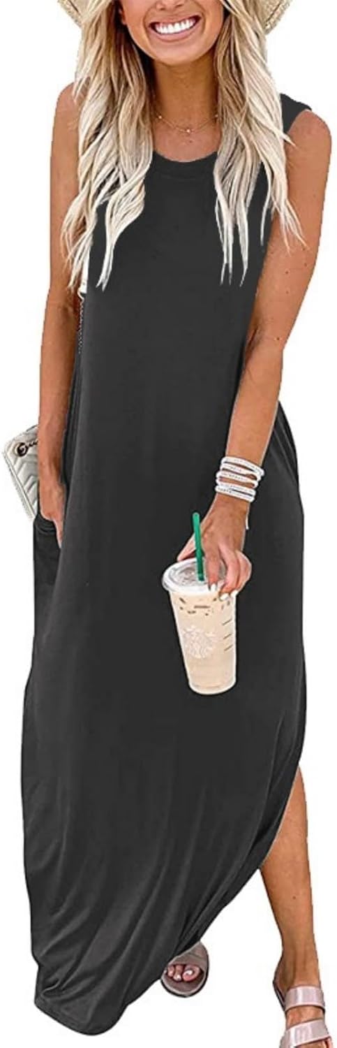 Celestia Women's Sleeveless Good Vibes Graphic Maxi Dress with Side Pockets