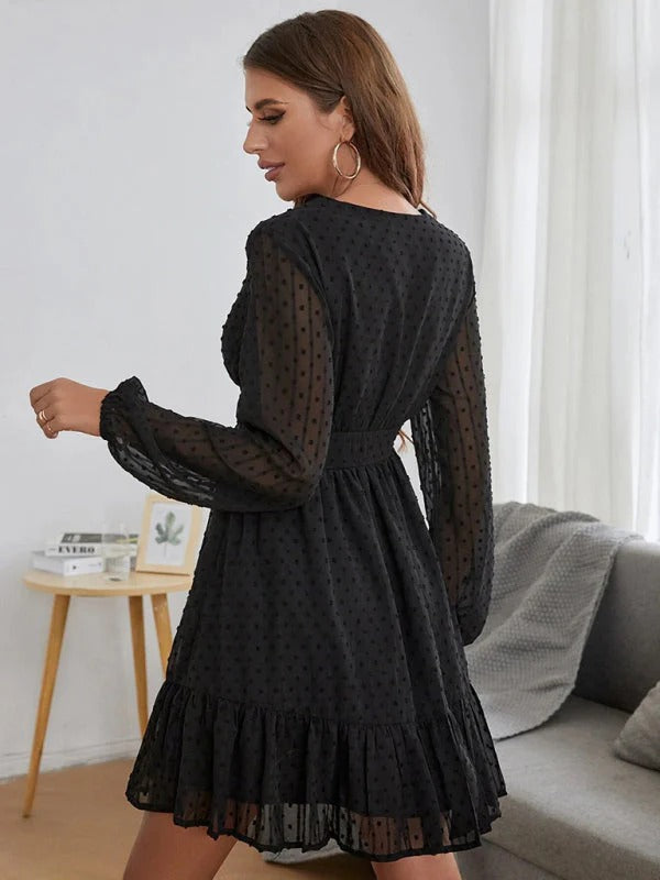 Christy Women’s Polka Dot Dress – Fit & Flare Midi Dress with Sheer Long Sleeves