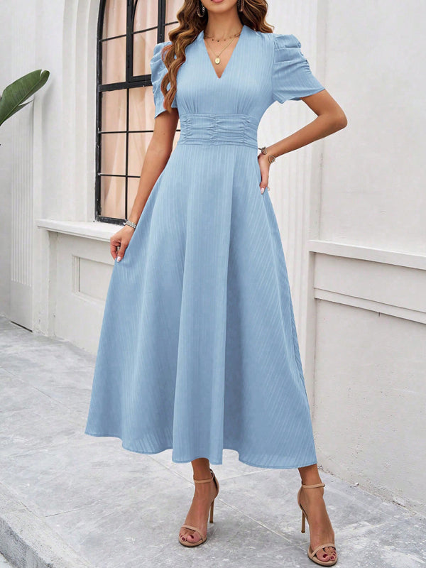 Clara Women’s Midi Dress – Elegant V-Neck A-Line Dress with Puff Sleeves