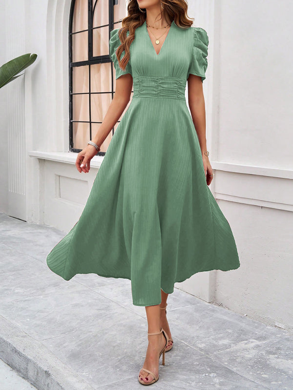 Clara Women’s Midi Dress – Elegant V-Neck A-Line Dress with Puff Sleeves