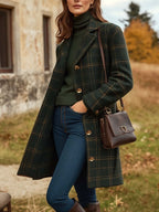 Rachel Women's Wool Coat – Long Sophisticated Plaid Coat with Fitted Cut & Lightweight Warmth