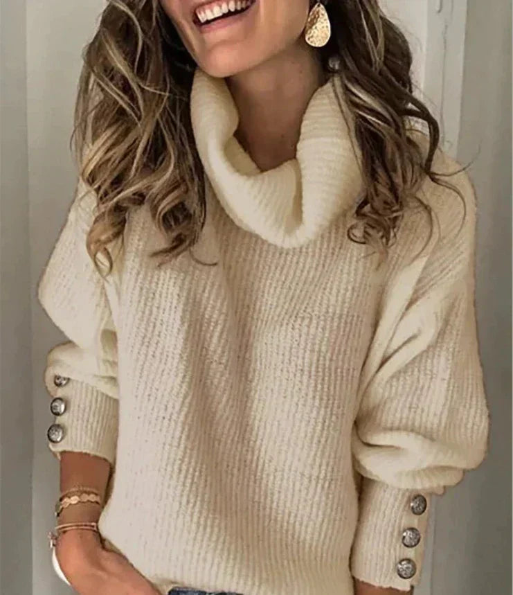 Emma Women’s Turtleneck Jumper – Elegant Knit Sweater with Button Sleeve Details