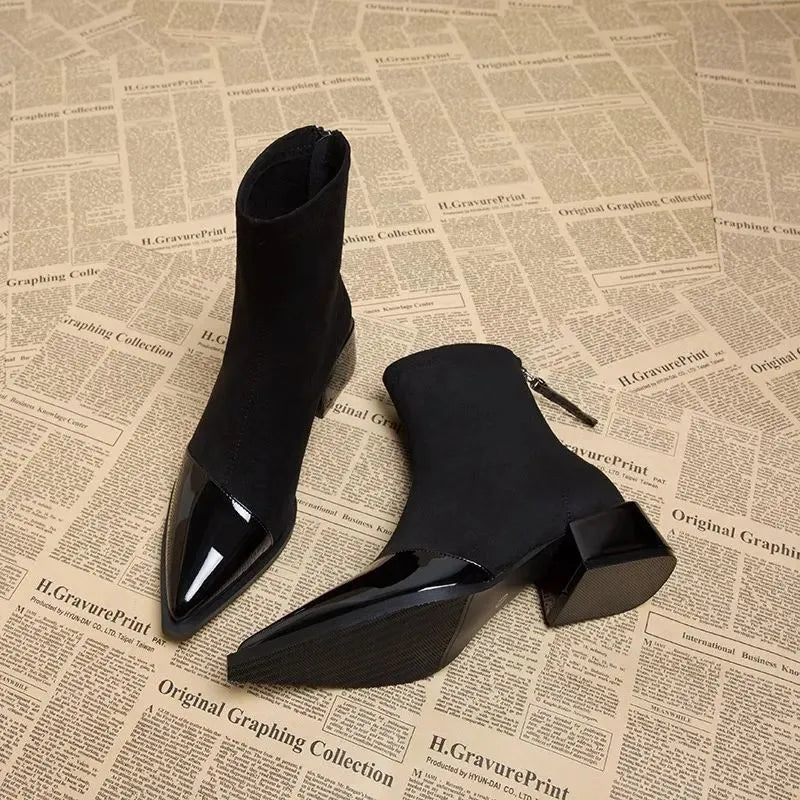 Whitney Ankle Boots for Women – Refined Suede Boots with Patent Accents & Comfy Block Heel