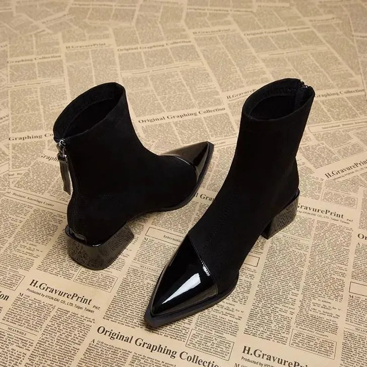 Whitney Ankle Boots for Women – Refined Suede Boots with Patent Accents & Comfy Block Heel