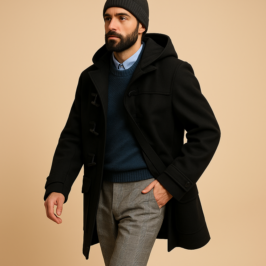 Bennett Men's Long Overcoat – Classic Tailored Coat with Front Closure & Side Pockets