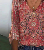 Brianna Women’s Boho Blouse – Ruby Print Top with Relaxed Fit & Elegant Oriental Style