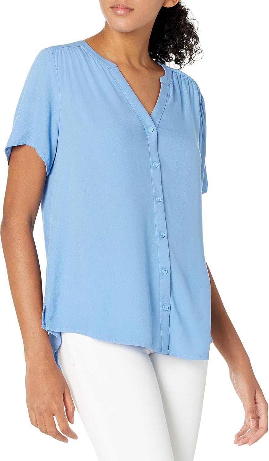 Aislynn Printed Short Sleeve Button Front V-Neck Viscose Blouse for Everyday Style