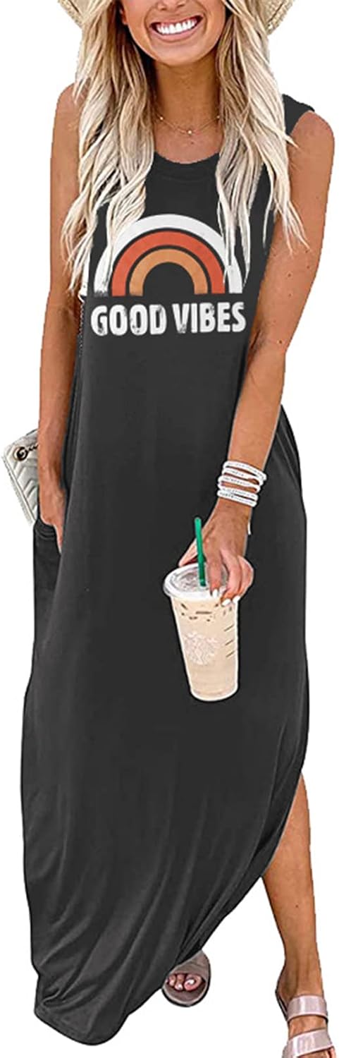 Celestia Women's Sleeveless Good Vibes Graphic Maxi Dress with Side Pockets