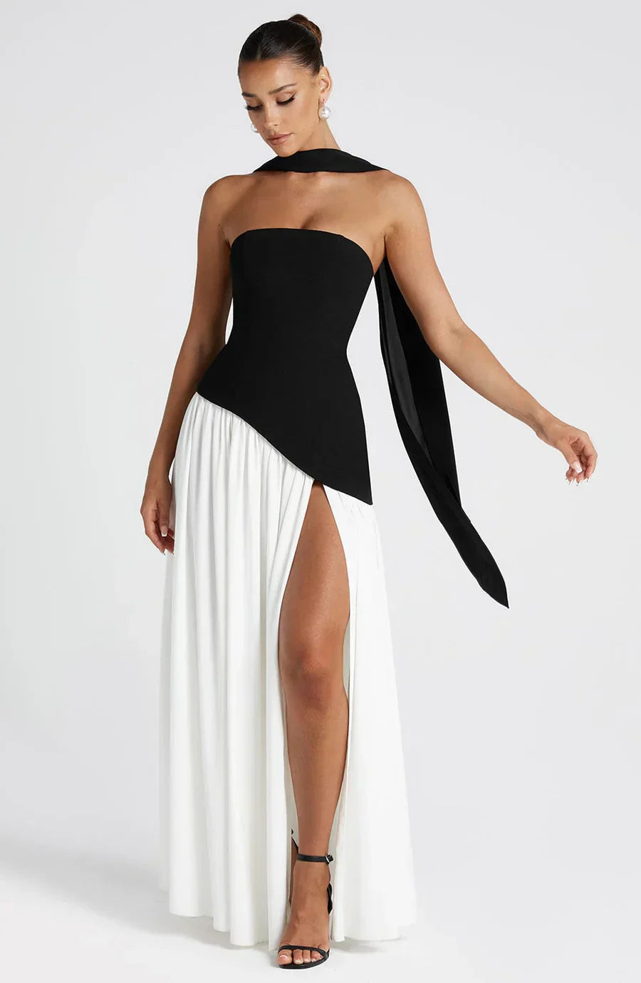 Renata Women's Evening Maxi Dress – Two-Tone Strapless Dress with High Slit