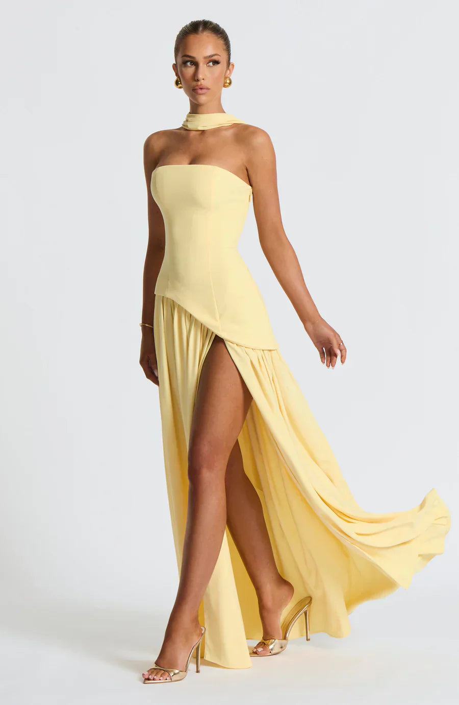 Renata Women's Evening Maxi Dress – Two-Tone Strapless Dress with High Slit