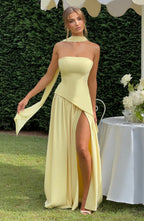 Renata Women's Evening Maxi Dress – Two-Tone Strapless Dress with High Slit