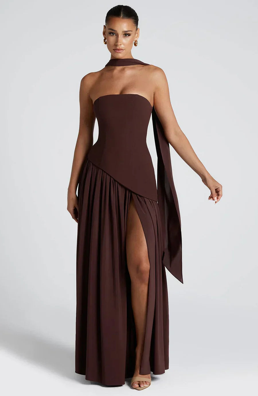 Renata Women's Evening Maxi Dress – Two-Tone Strapless Dress with High Slit