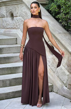 Renata Women's Evening Maxi Dress – Two-Tone Strapless Dress with High Slit