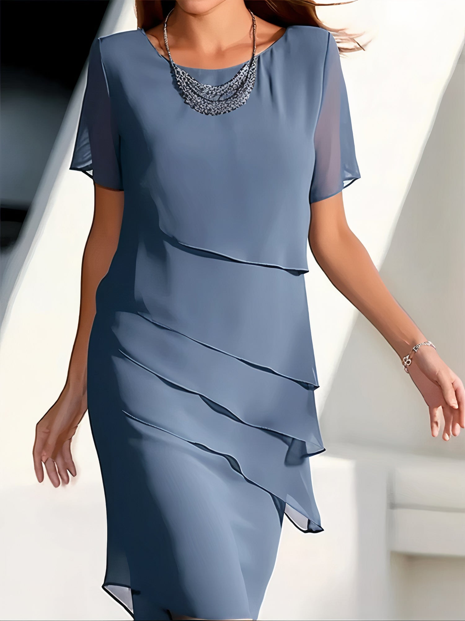 Mireya Women's Chiffon Dress – Layered Midi Dress with Elegant Flowing Silhouette
