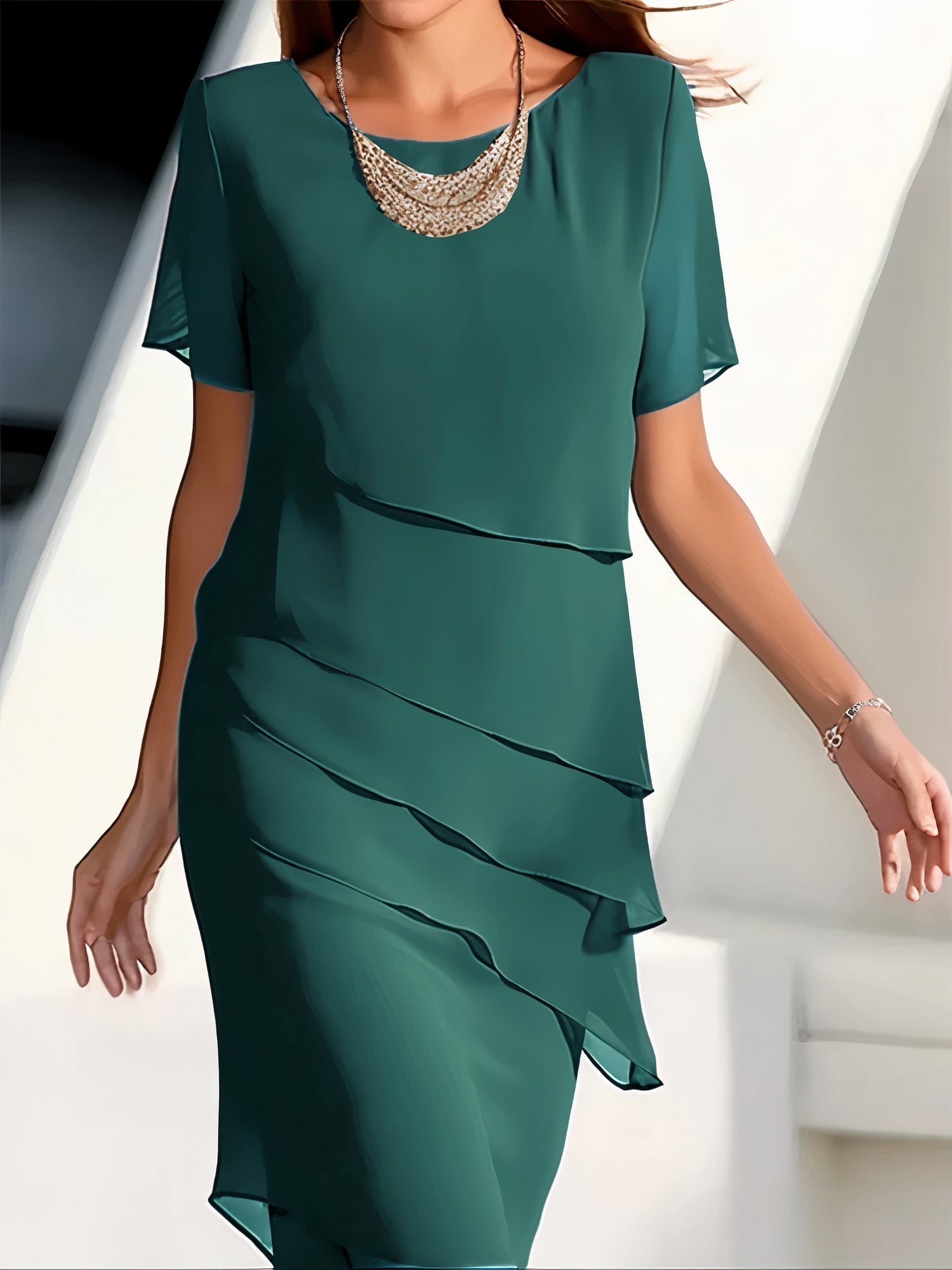 Mireya Women's Chiffon Dress – Layered Midi Dress with Elegant Flowing Silhouette