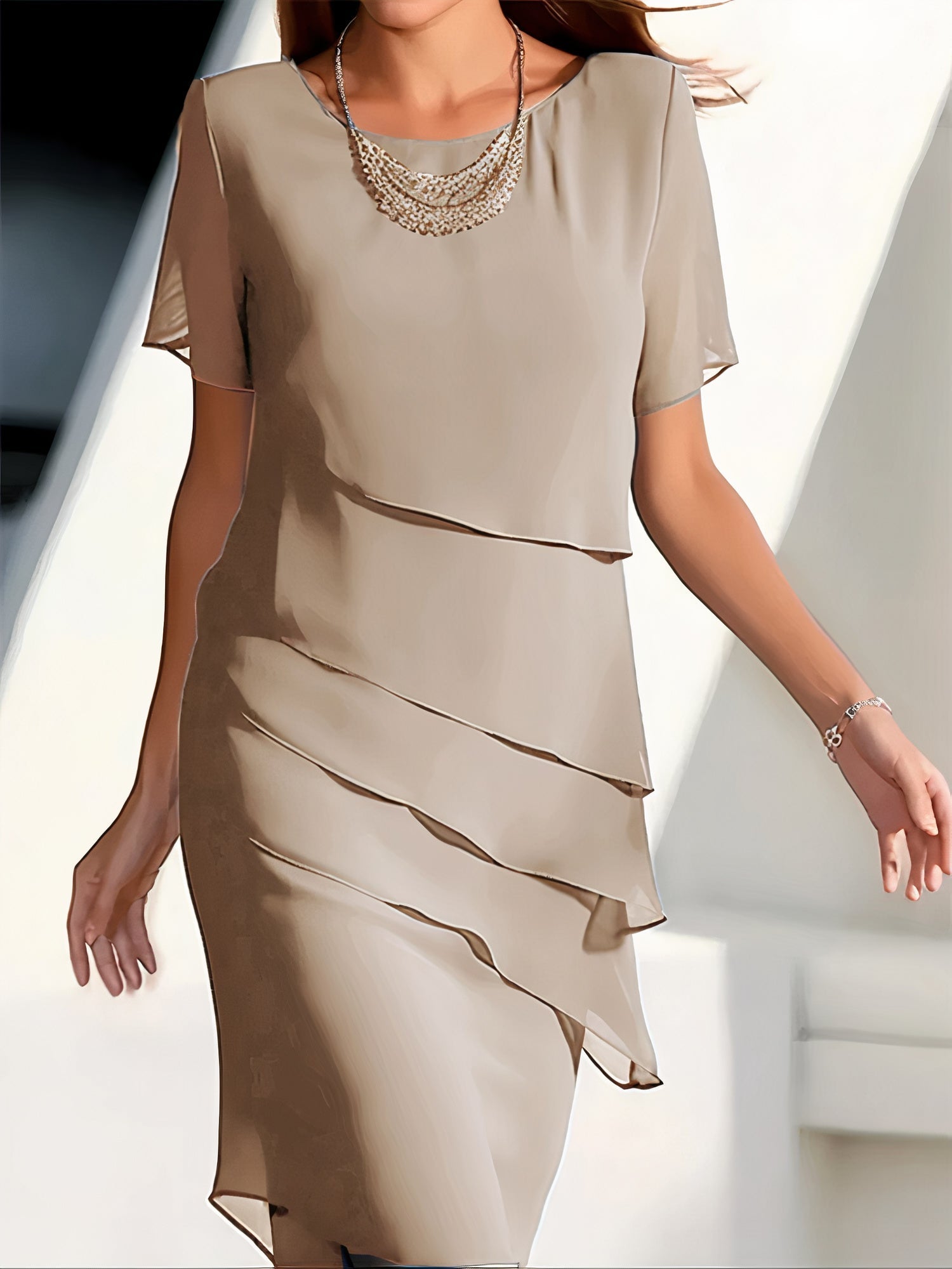 Mireya Women's Chiffon Dress – Layered Midi Dress with Elegant Flowing Silhouette