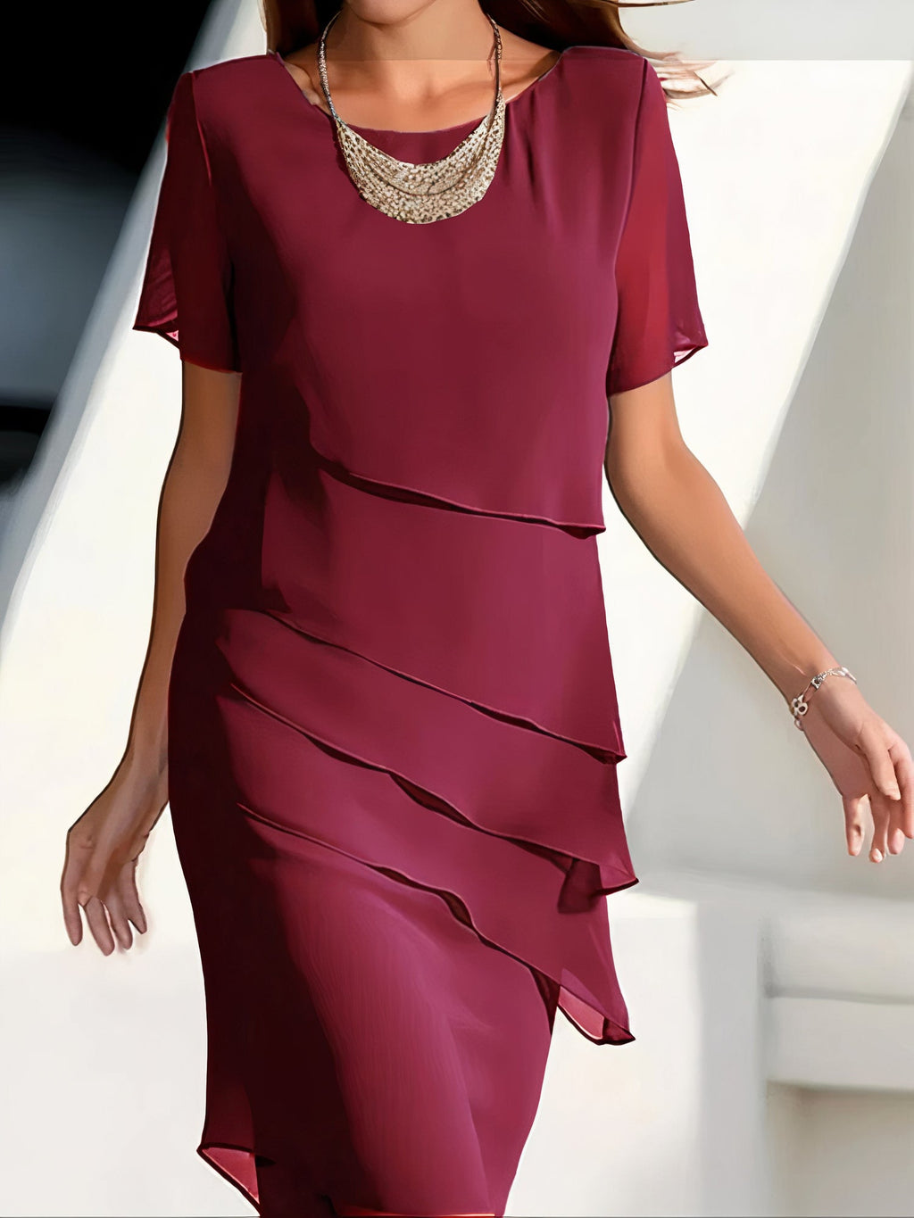 Mireya Women's Chiffon Dress – Layered Midi Dress with Elegant Flowing Silhouette