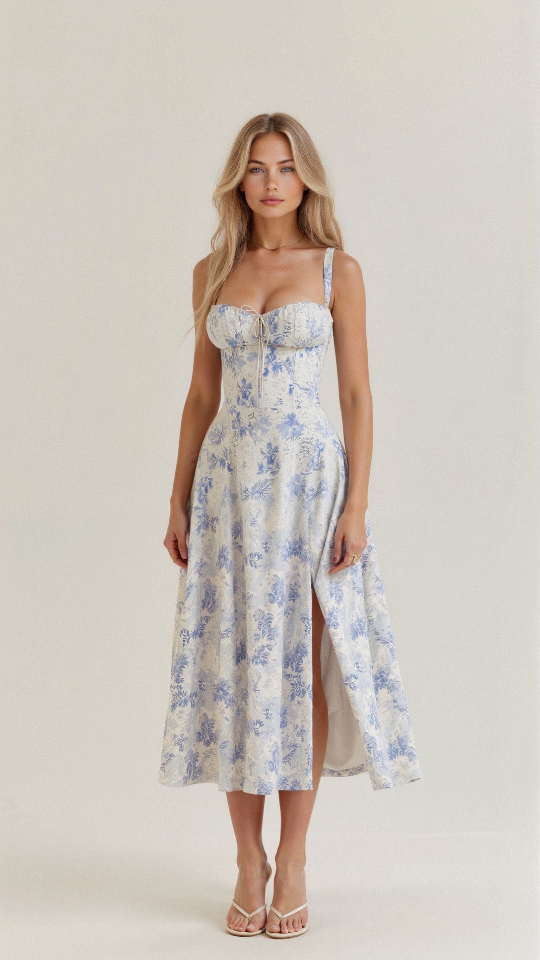 Elodie Women's Corset Midi Dress – Floral A-Line Dress with Side Slit