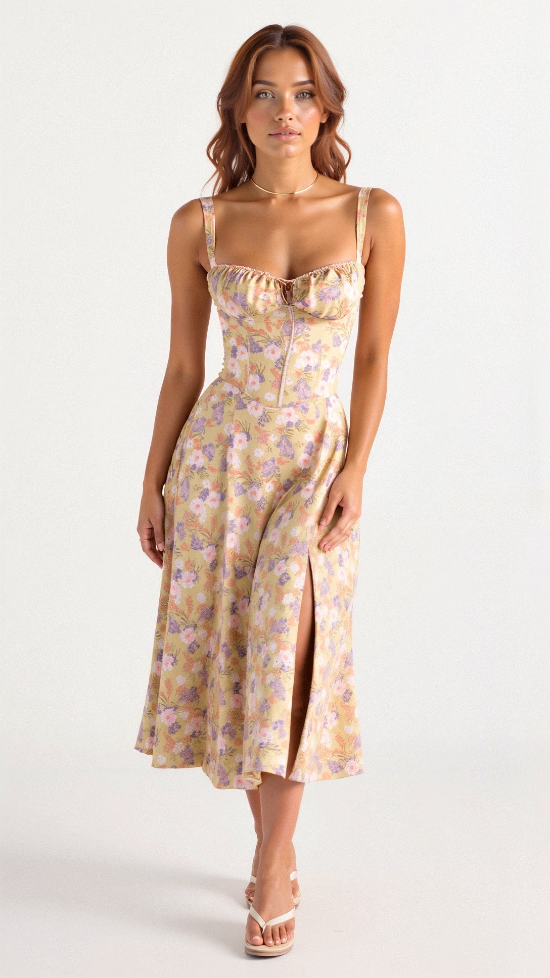 Elodie Women's Corset Midi Dress – Floral A-Line Dress with Side Slit