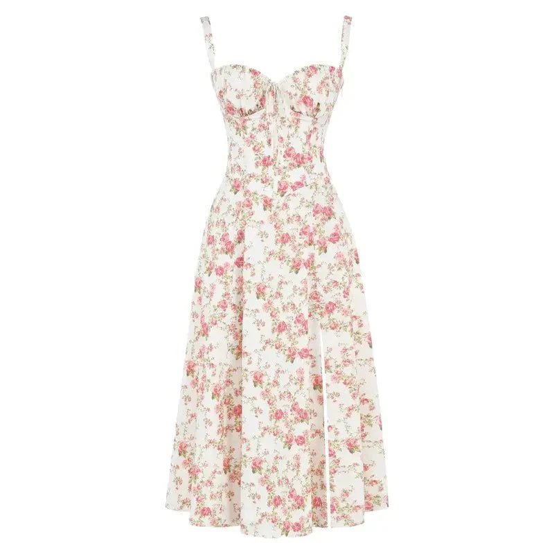 Elodie Women's Corset Midi Dress – Floral A-Line Dress with Side Slit