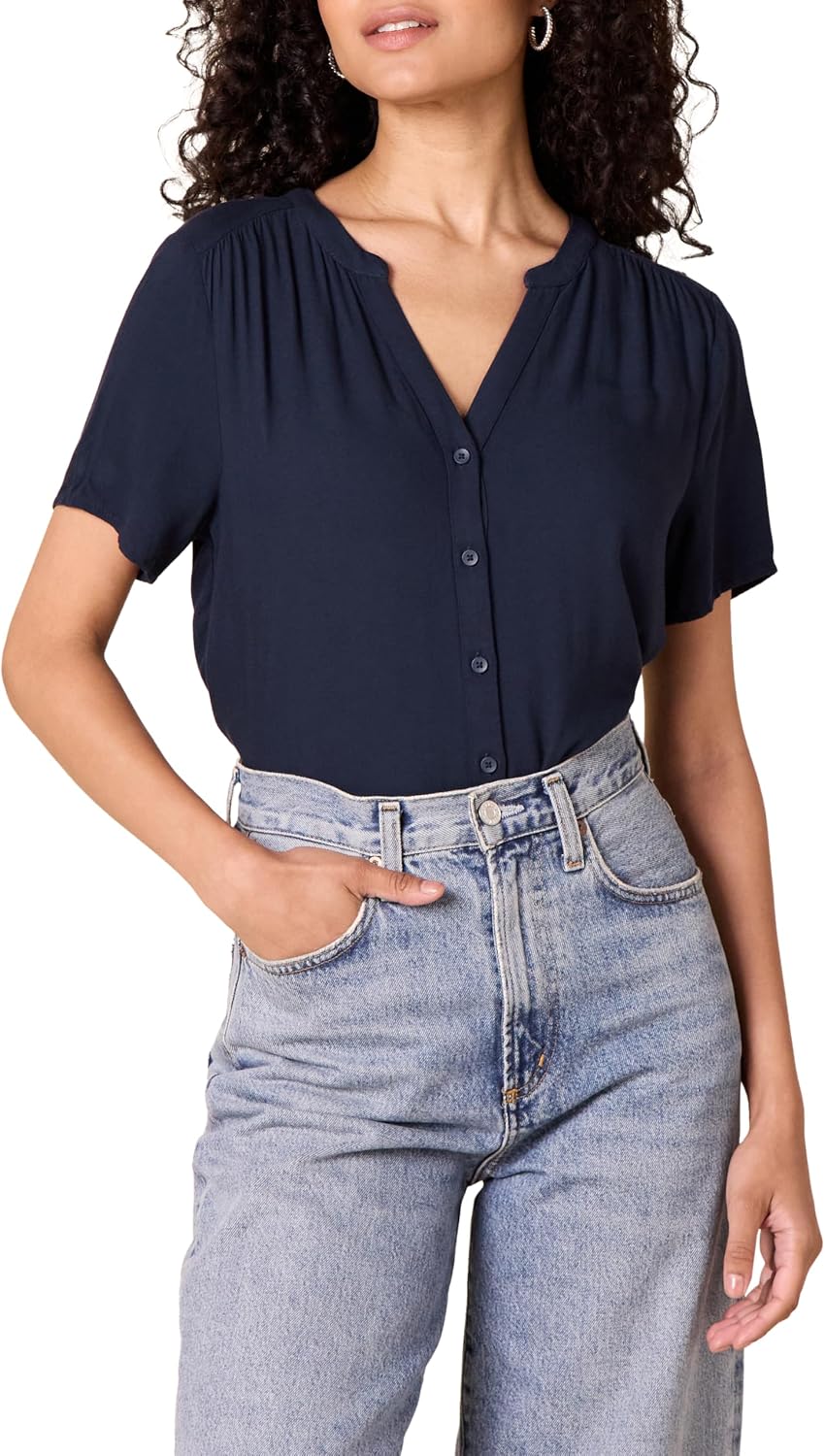 Aislynn Printed Short Sleeve Button Front V-Neck Viscose Blouse for Everyday Style