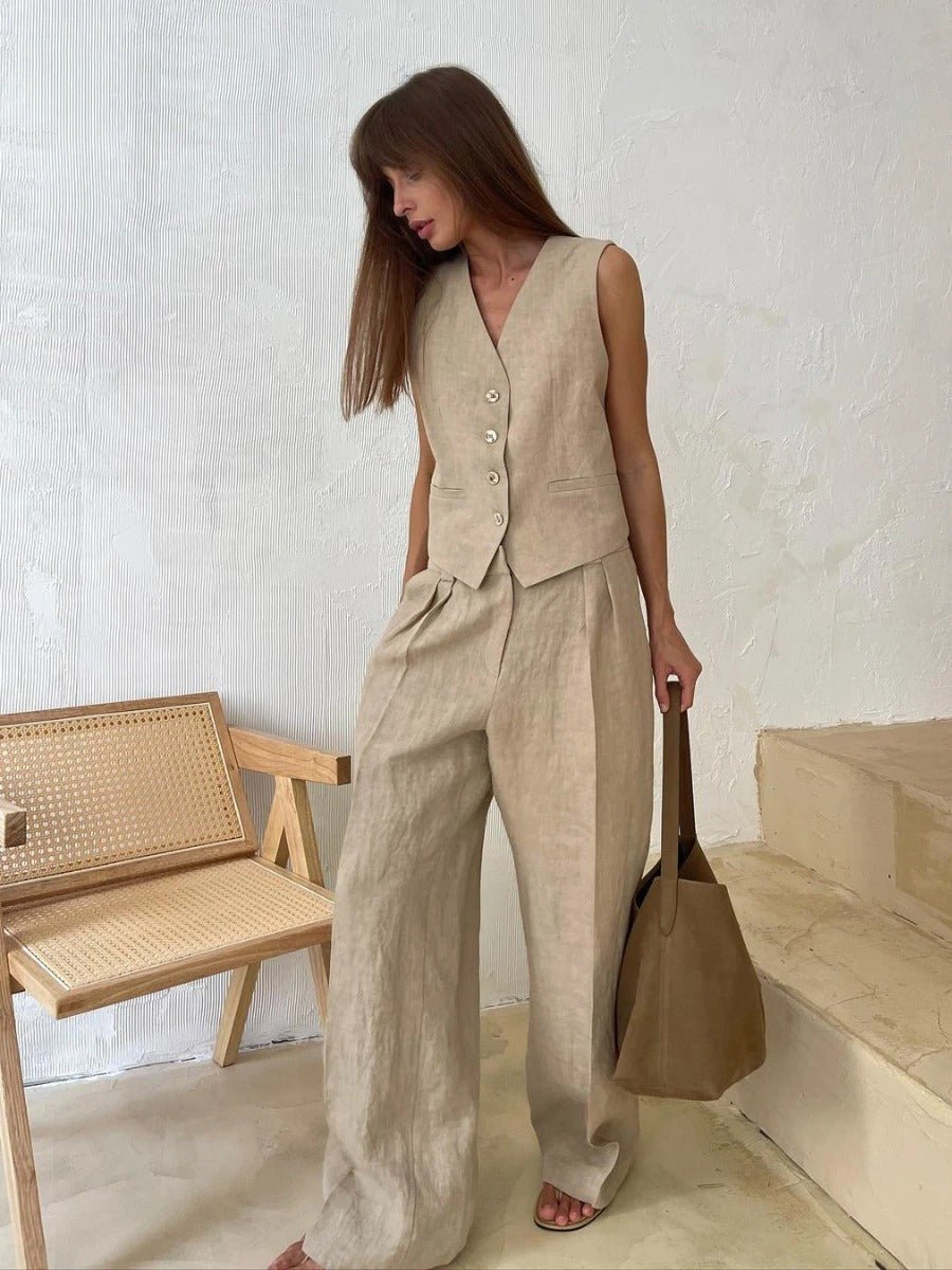 Camila Women's Linen Set – Sleeveless Vest and Wide-Leg Pants Summer Outfit
