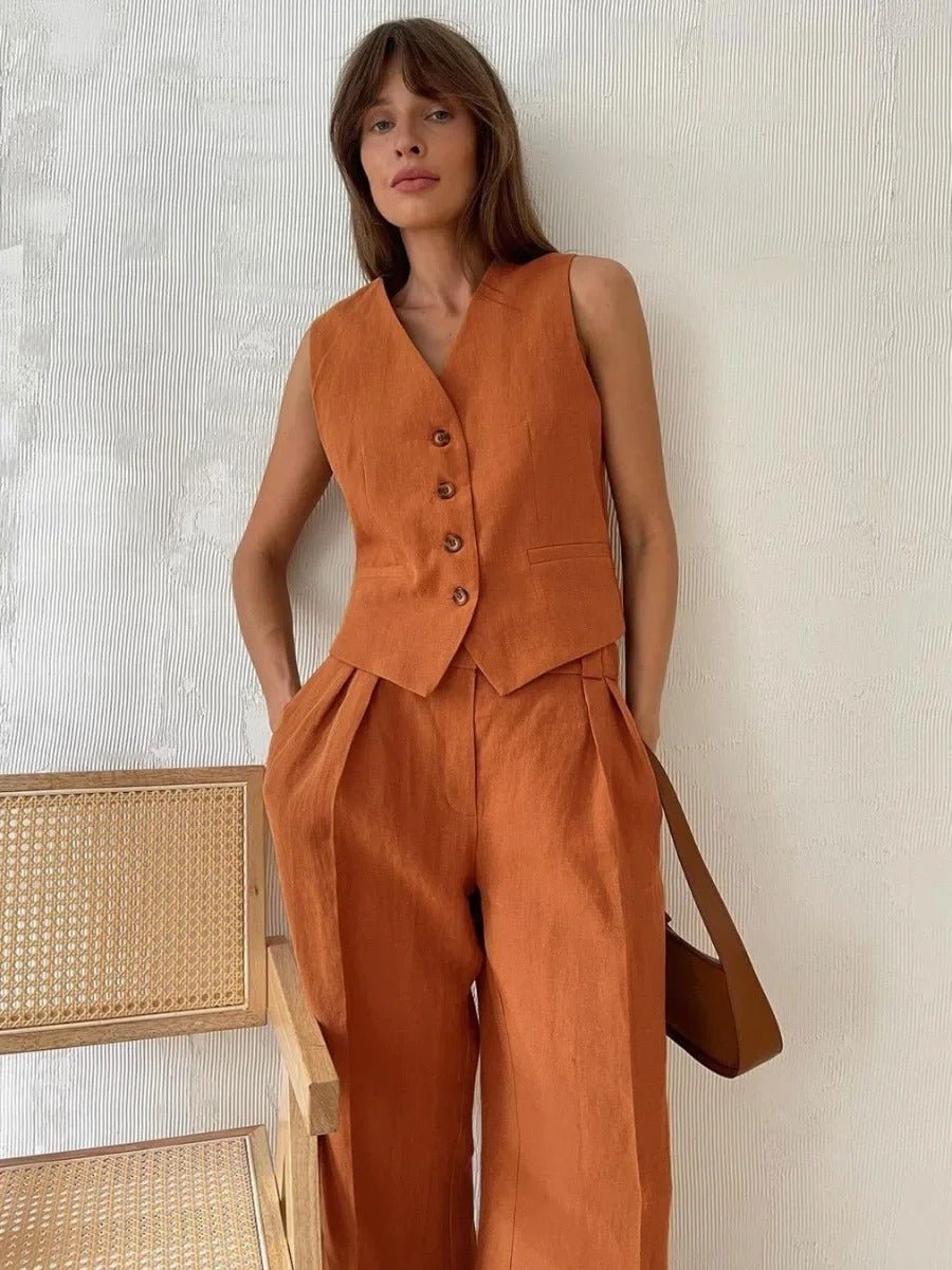 Camila Women's Linen Set – Sleeveless Vest and Wide-Leg Pants Summer Outfit