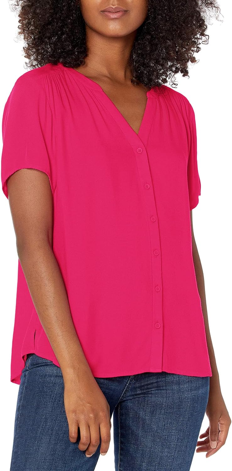 Aislynn Printed Short Sleeve Button Front V-Neck Viscose Blouse for Everyday Style