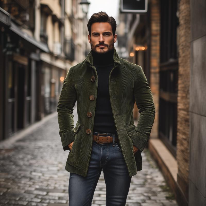 Simon Men's Corduroy Coat – Fitted Silhouette with Mandarin Collar & Sophisticated Side Slip Pockets
