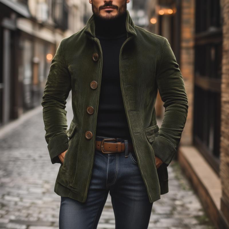 Simon Men's Corduroy Coat – Fitted Silhouette with Mandarin Collar & Sophisticated Side Slip Pockets