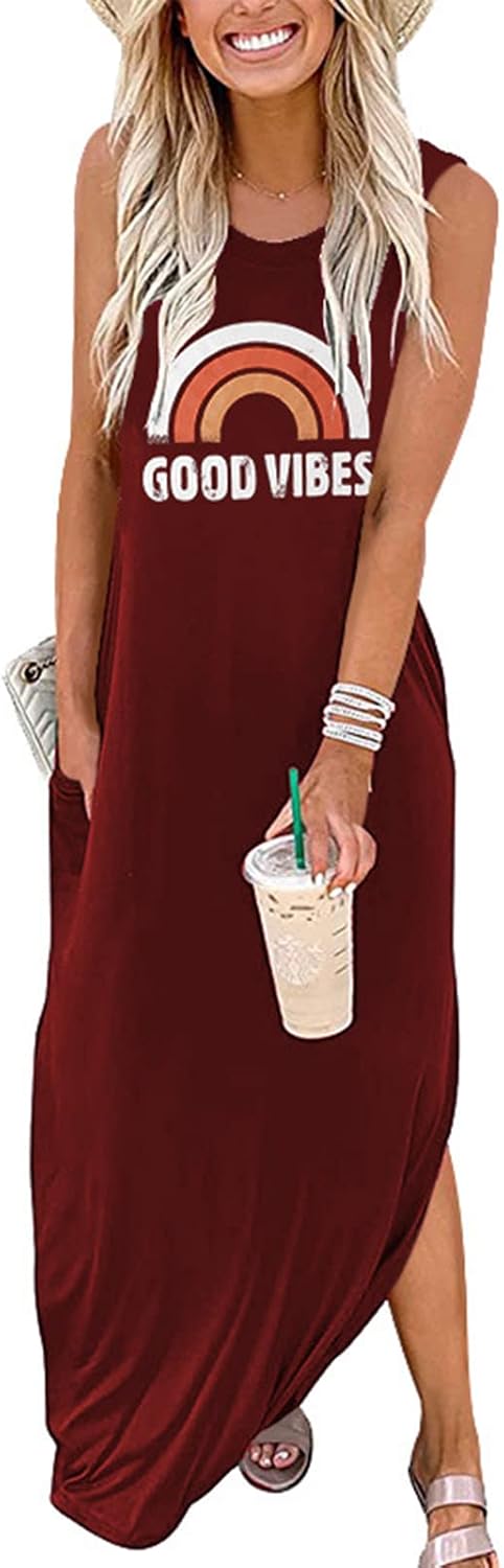 Celestia Women's Sleeveless Good Vibes Graphic Maxi Dress with Side Pockets