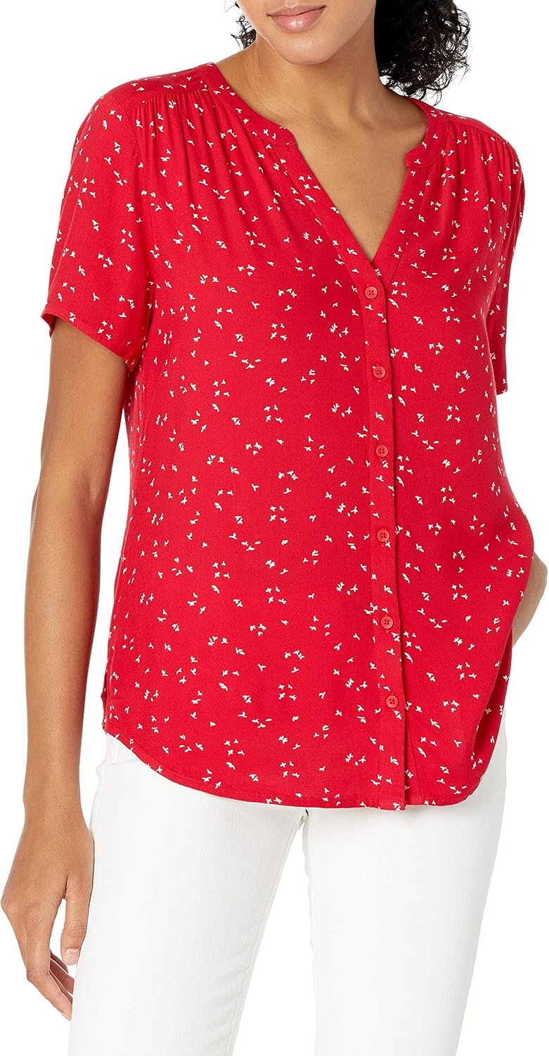 Aislynn Printed Short Sleeve Button Front V-Neck Viscose Blouse for Everyday Style