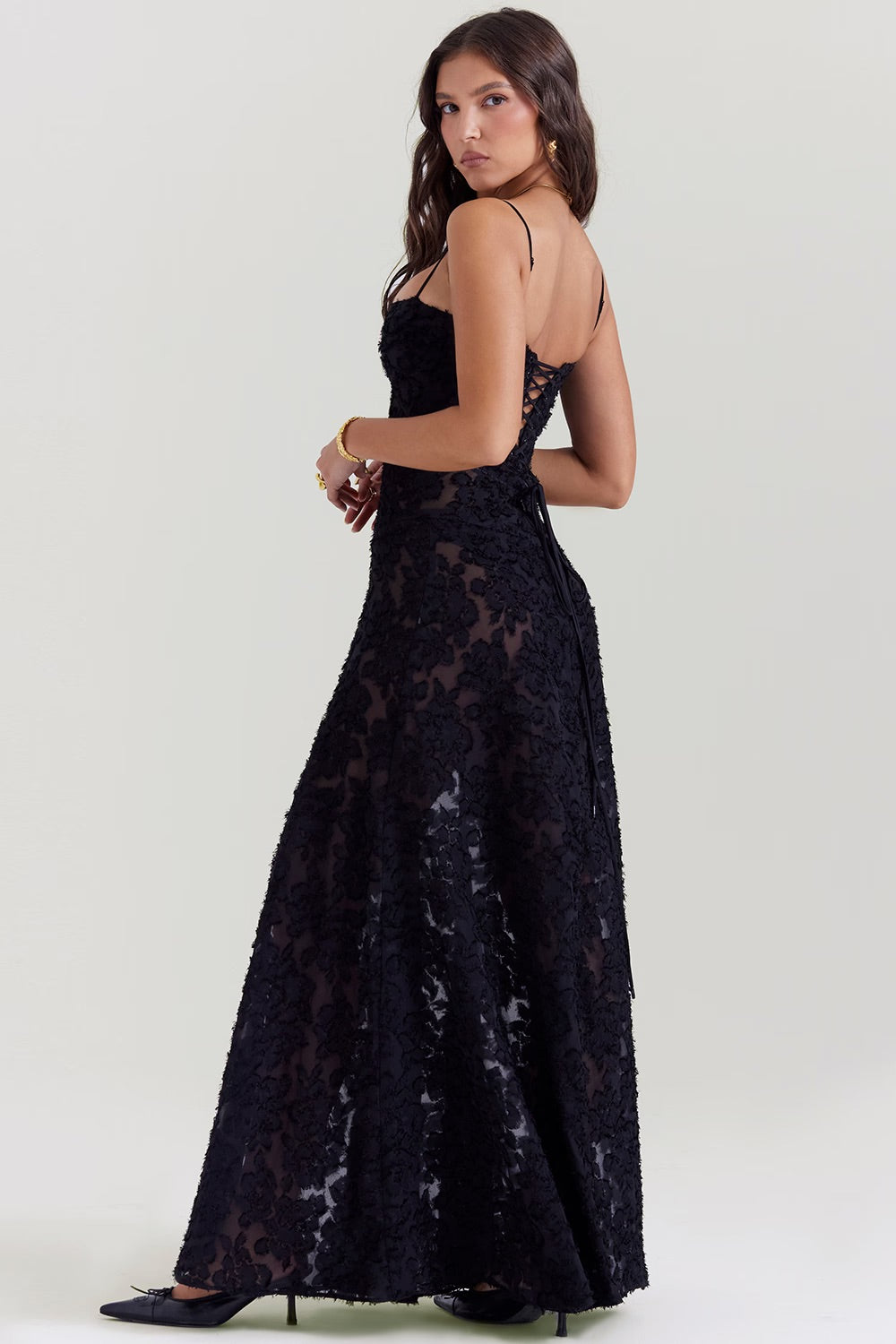 Kandace Women’s Lace Evening Dress – Sparkly Maxi Dress with Adjustable Straps