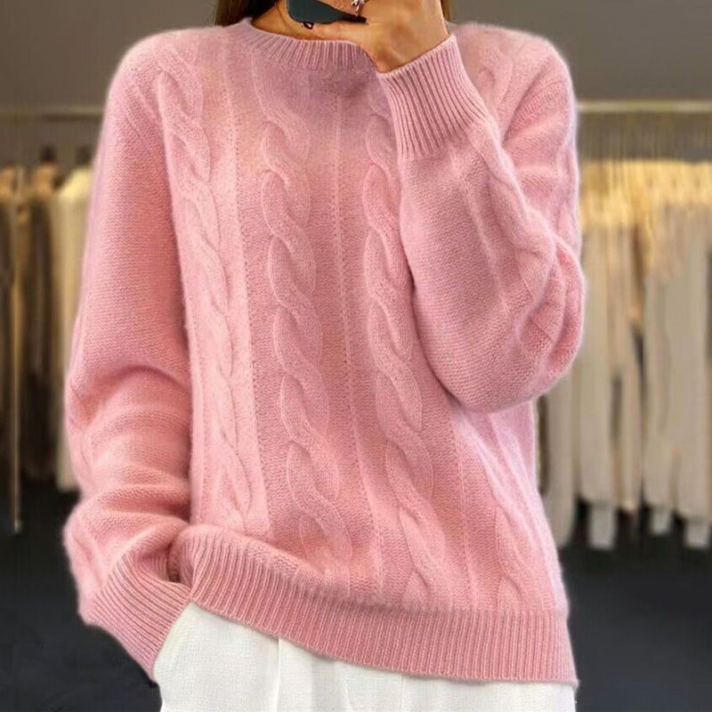 Chiara Women's Cable Knit Sweater – Cozy Crew Neck Pullover with Relaxed Fit