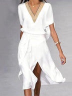 Elowen Women's White Midi Dress – Elegant V-Neck Dress with Timeless Minimalist Style