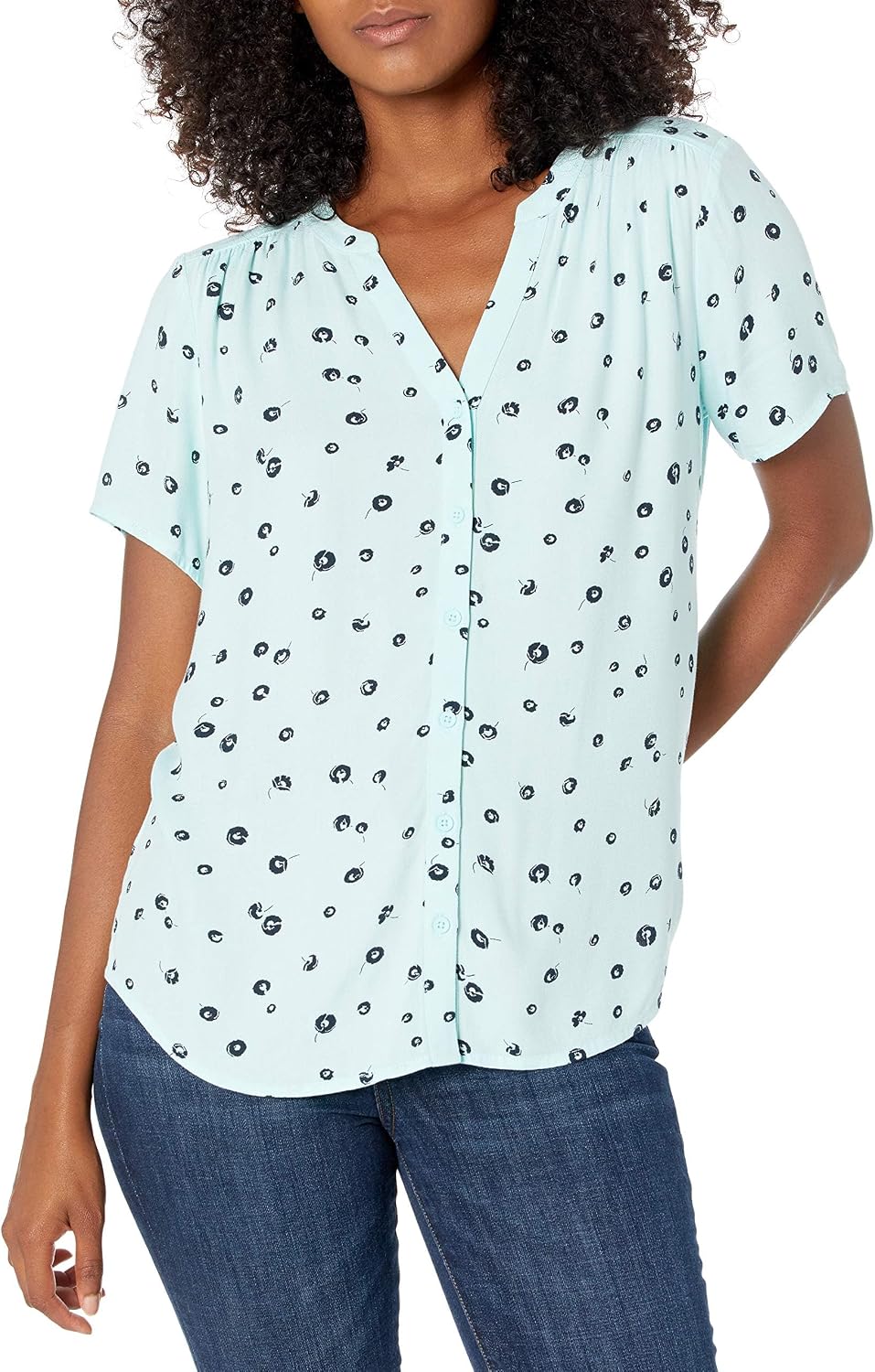 Aislynn Printed Short Sleeve Button Front V-Neck Viscose Blouse for Everyday Style