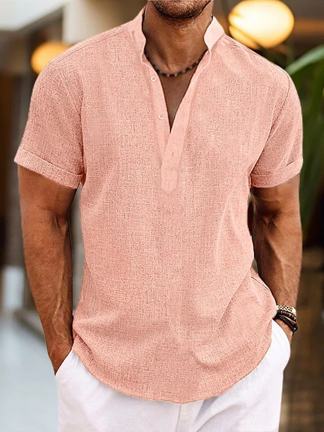 Rhydian Men's Linen Shirt – Breathable Summer Shirt with Henley Collar & Short-Sleeve Design