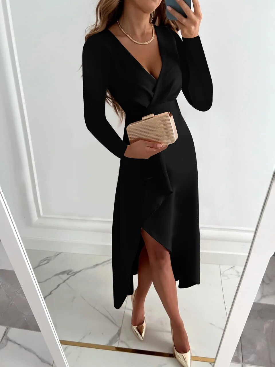 Valerie Women's Elegant Long Sleeve Maxi Dress – Chic V-Neck Slim Fit Dress